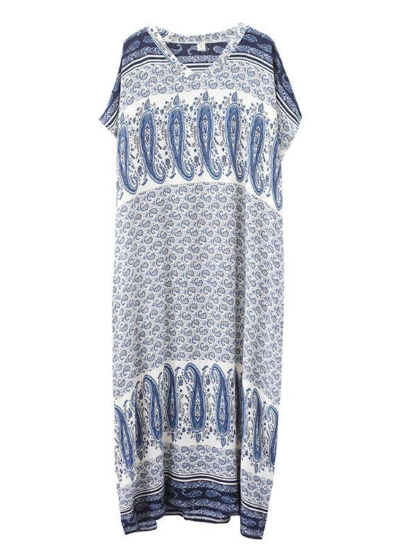 Stylish Blue Print Cotton V Neck Summer Dress - SooLinen