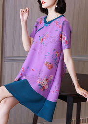 Elegant Purple Floral Oriental Mini Dress Summer Outfits - SooLinen