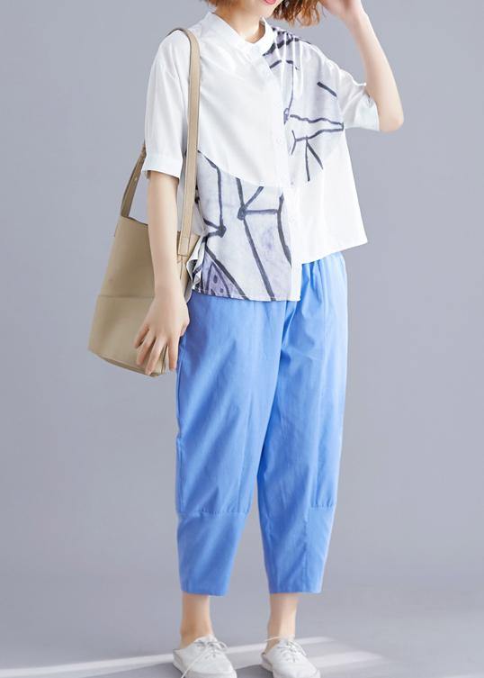 Stylish Blue Summer Print Asymmetrical Design Top - SooLinen