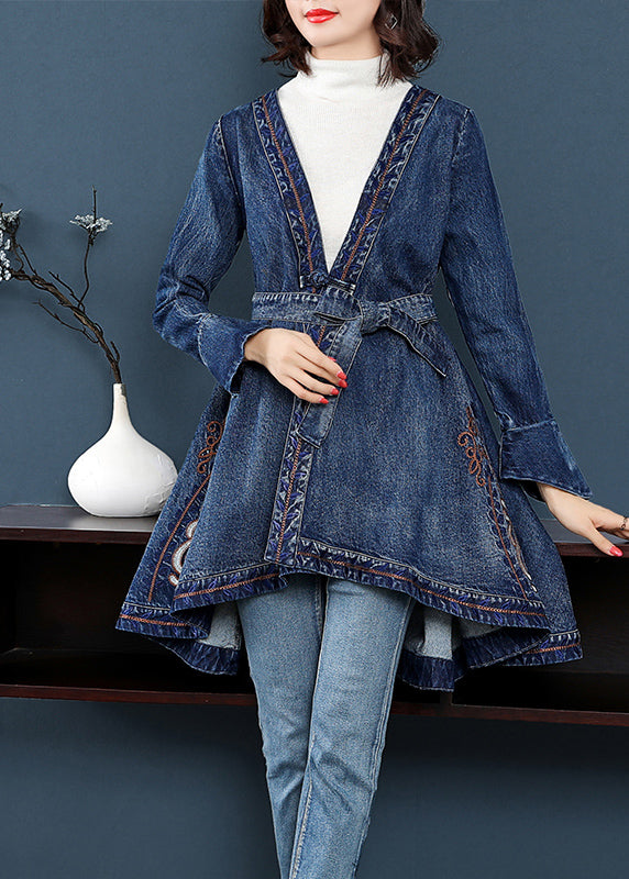 Stylish Blue V Neck Embroideried Tie Waist Cotton Denim Trench Coats Long Sleeve