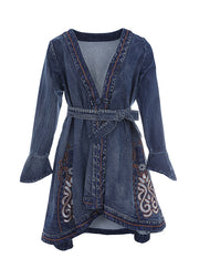 Stylish Blue V Neck Embroideried Tie Waist Cotton Denim Trench Coats Long Sleeve