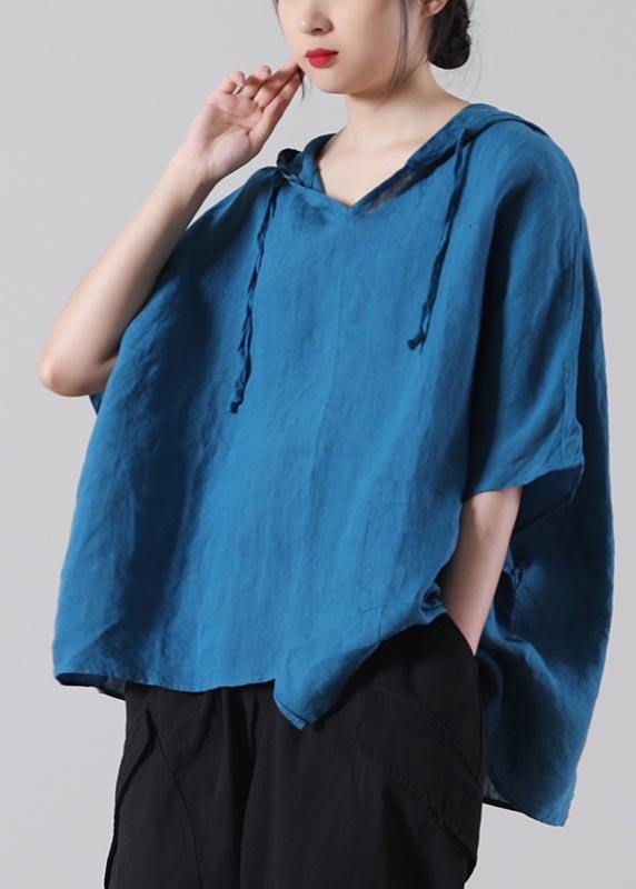 Stylish Blue asymmetrical design Cotton Linen Shirt Summer - SooLinen