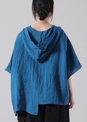 Stylish Blue asymmetrical design Cotton Linen Shirt Summer - SooLinen