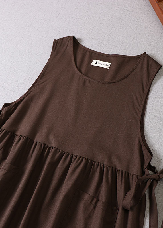 Stylish Chocolate Bow Patchwork Pockets Dress Sleeveless