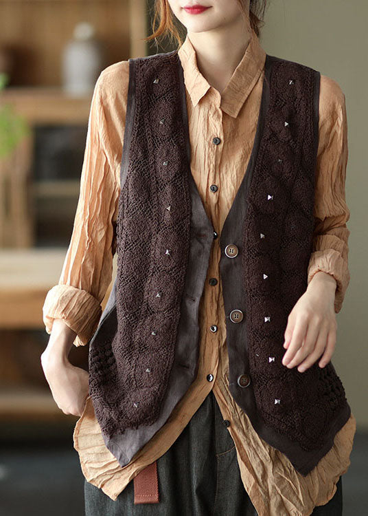 Stylish Chocolate Patchwork Button Rivet Casual Fall Sleeveless Vest