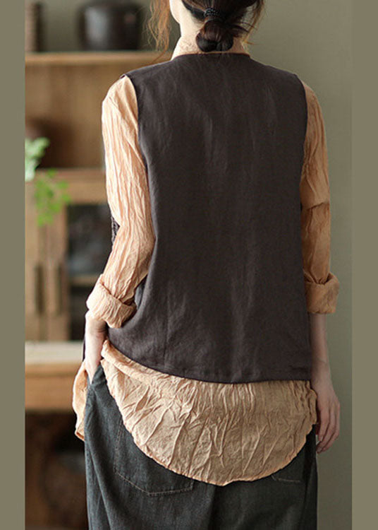 Stylish Chocolate Patchwork Button Rivet Casual Fall Sleeveless Vest