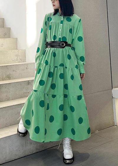 Stylish Green Dot Button Long sleeve Dress Spring - SooLinen