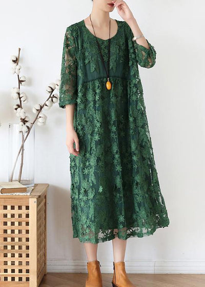 Stylish Green Embroideried Half Sleeve Party Summer Lace Dress - SooLinen