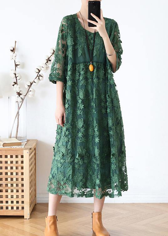 Stylish Green Embroideried Half Sleeve Party Summer Lace Dress - SooLinen