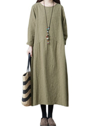 Stylish Green O-Neck Patchwork Linen Dresses Spring