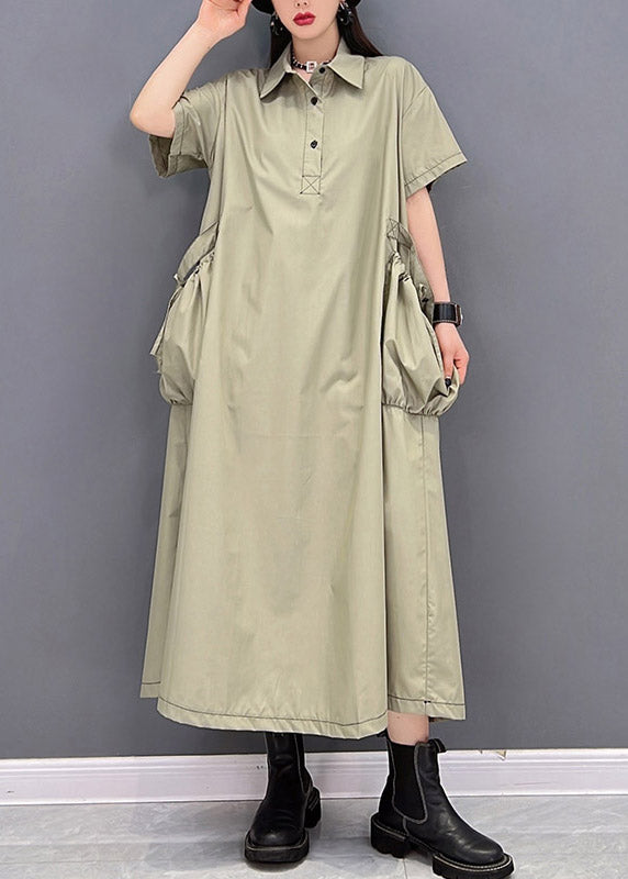 Stylish Green Peter Pan Collar Button Big Pockets Shirt Dress Short Sleeve