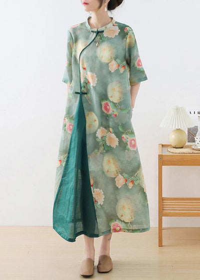 Stylish Green Print O-Neck Asymmetrical Design Dress Summer Ramie - SooLinen