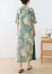 Stylish Green Print O-Neck Asymmetrical Design Dress Summer Ramie - SooLinen