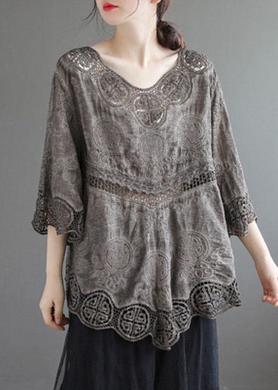 Stylish Khaki O-Neck Embroideried Summer Asymmetrical Design Top - SooLinen