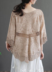 Stylish Khaki O-Neck Embroideried Summer Asymmetrical Design Top - SooLinen