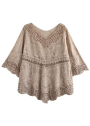 Stylish Khaki O-Neck Embroideried Summer Asymmetrical Design Top - SooLinen