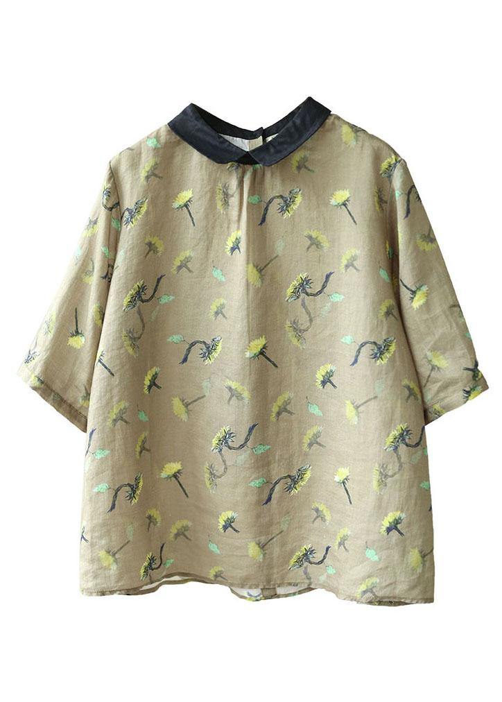 Stylish Khaki Patchwork Pullover Summer Linen Shirt Top Short Sleeve - SooLinen