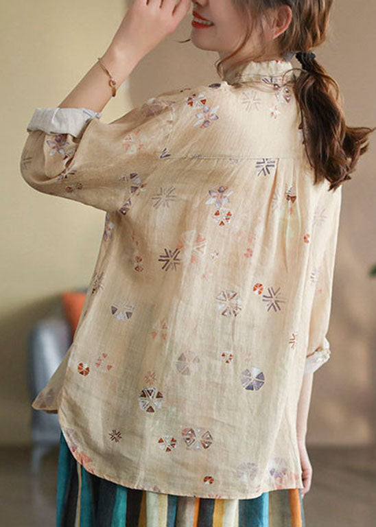 Stylish Khaki wrinkled Print Ramie Linen Shirt Tops Spring