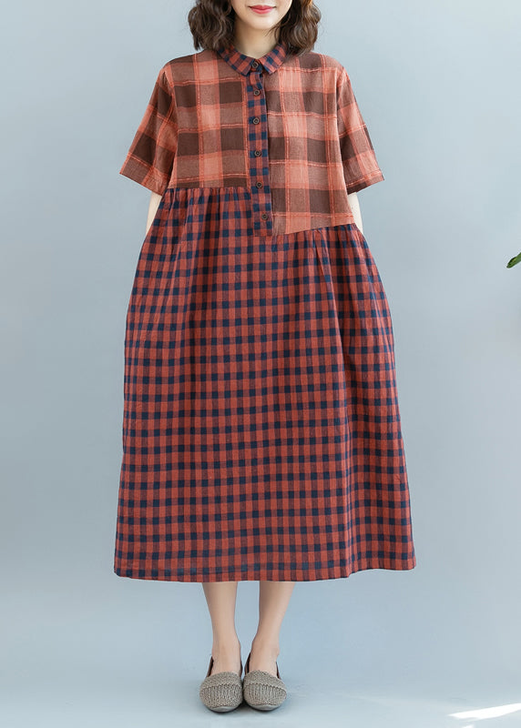 Stylish Orange Plaid Patchwork Dresses Short Sleeve