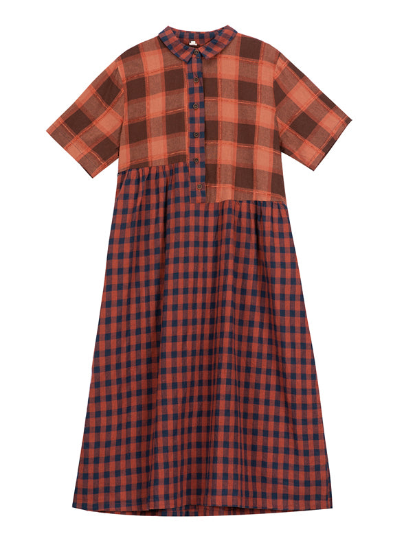 Stylish Orange Plaid Patchwork Dresses Short Sleeve