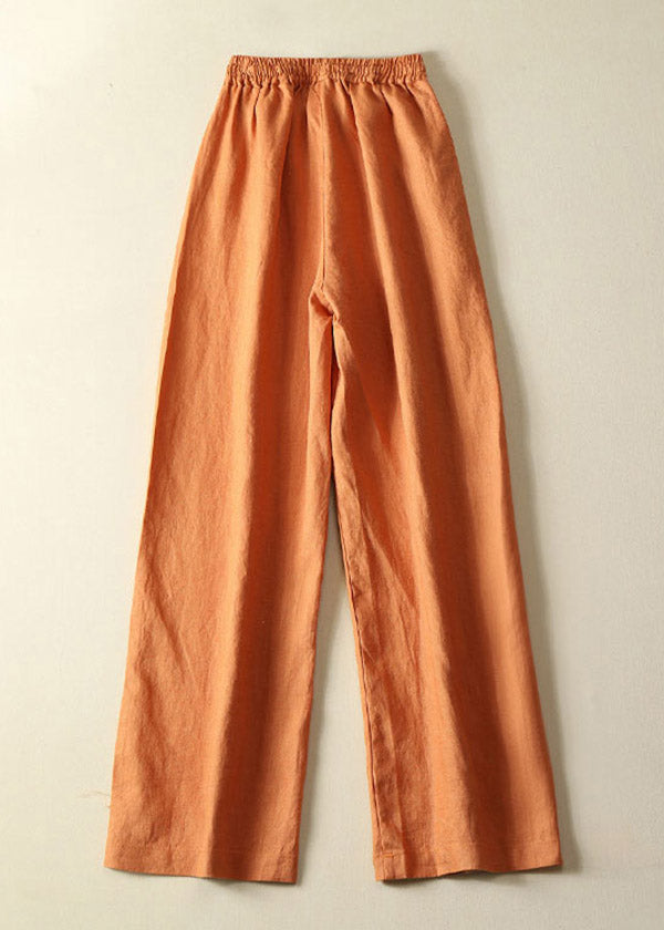 Stylish Orange Pockets elastic waist Drawstring Linen Wide Leg Pants Summer