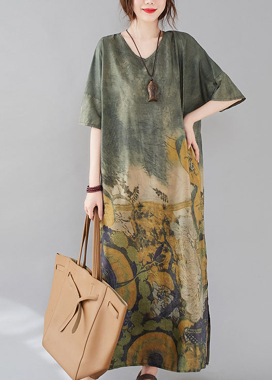 Stylish Peacock Green V Neck Side Open Print Maxi Dresses Short Sleeve