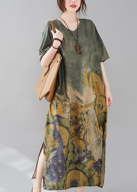 Stylish Peacock Green V Neck Side Open Print Maxi Dresses Short Sleeve