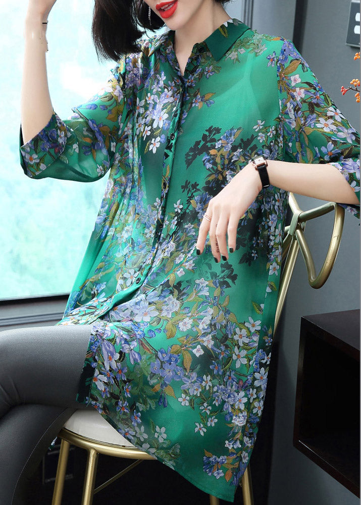 Stylish Peter Pan Collar Button Print Chiffon Shirt Tops Summer