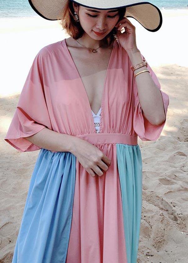 Stylish Pink Patchwork Blue Cotton side open Beach Gown Dresses - SooLinen