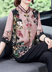 Stylish Pink Stand Collar Print Side Open Silk Shirt Tops Half Sleeve