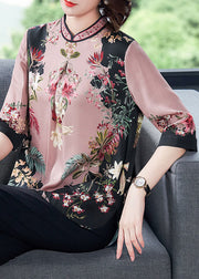 Stylish Pink Stand Collar Print Side Open Silk Shirt Tops Half Sleeve