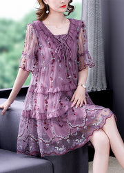 Stylish Purple V Neck Patchwork Lace up Tulle A Line Dress Short Sleeve