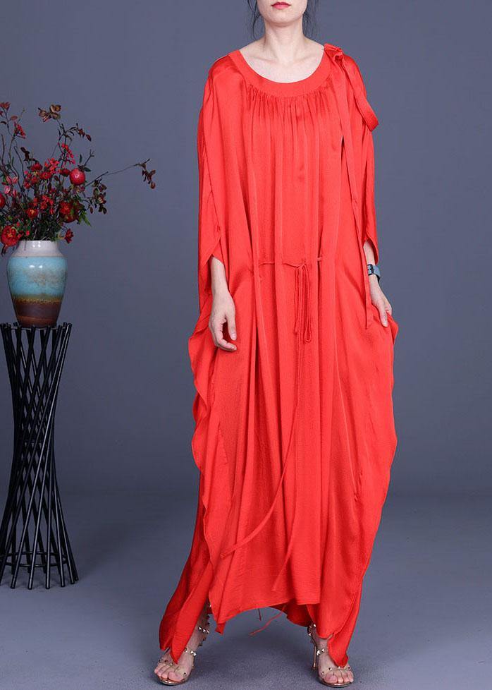 Stylish Red Batwing Sleeve Tie Waist Silk Summer Dress - SooLinen