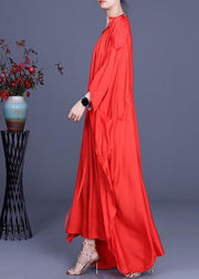 Stylish Red Batwing Sleeve Tie Waist Silk Summer Dress - SooLinen