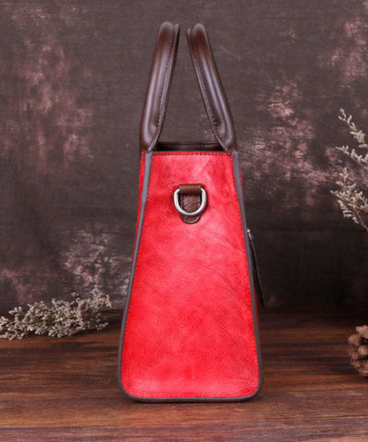 Stylish Red Floral Paitings Calf Leather Tote Handbag