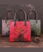 Stylish Red Floral Paitings Calf Leather Tote Handbag