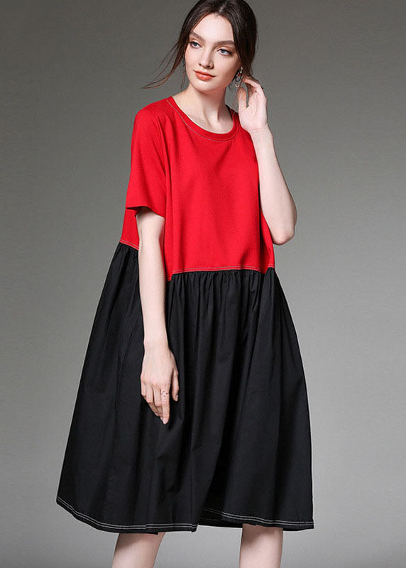 Stylish Red O-Neck Patchwork Cotton Dresses Short Sleeve