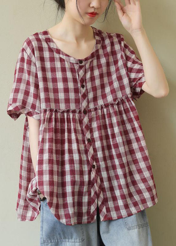 Stylish Red Ruffled Plaid Cotton Blouse Tops Half Sleeve