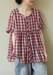 Stylish Red Ruffled Plaid Cotton Blouse Tops Half Sleeve