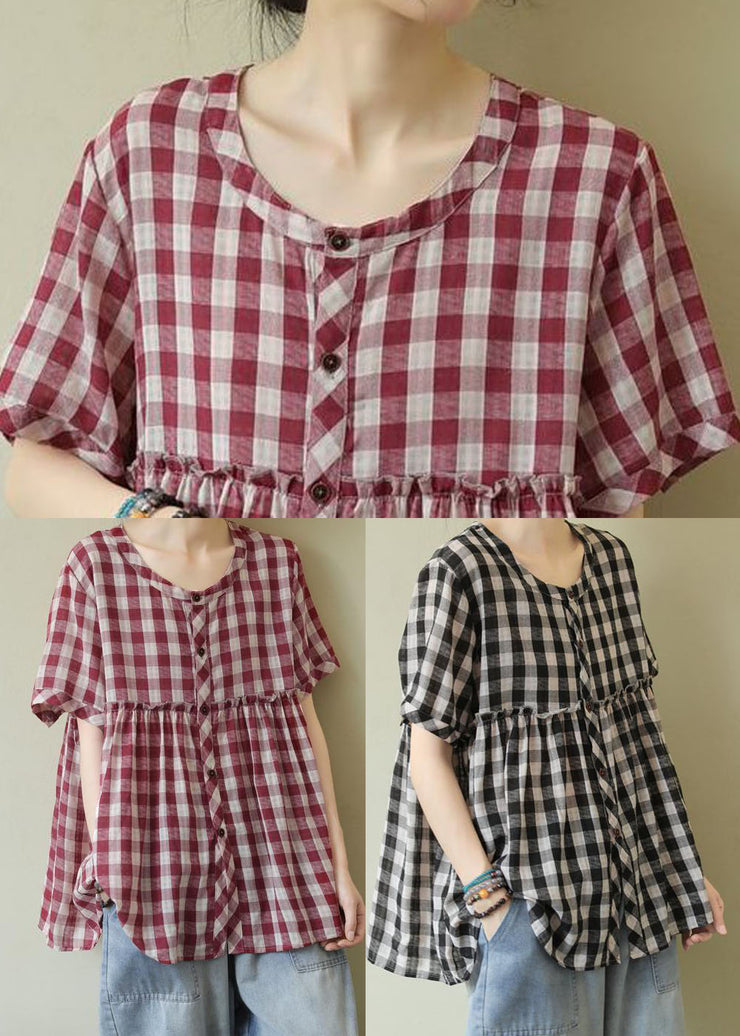 Stylish Red Ruffled Plaid Cotton Blouse Tops Half Sleeve