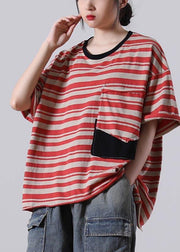 Stylish Red Striped O-Neck Cotton Summer Tops - SooLinen