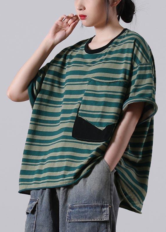 Stylish Red Striped O-Neck Cotton Summer Tops - SooLinen