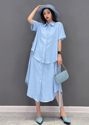 Stylish Solid Blue Peter Pan Collar Patchwork Chiffon Fake Two Piece Shirt Dresses Short Sleeve