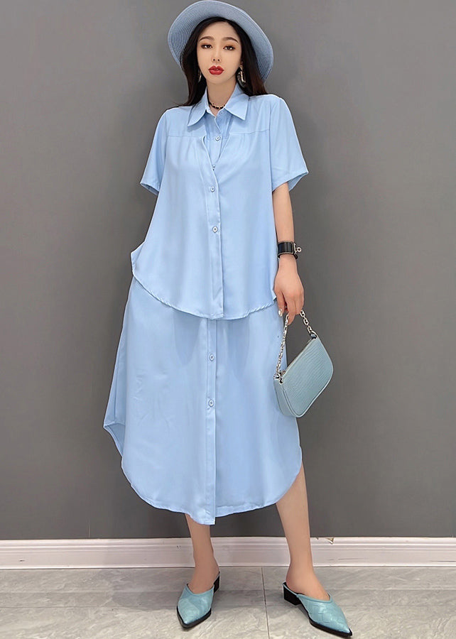 Stylish Solid Blue Peter Pan Collar Patchwork Chiffon Fake Two Piece Shirt Dresses Short Sleeve