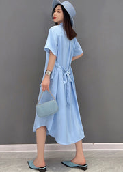 Stylish Solid Blue Peter Pan Collar Patchwork Chiffon Fake Two Piece Shirt Dresses Short Sleeve