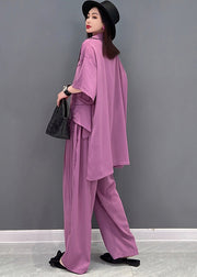 Stylish Solid Purple Notched Collar Tie Waist Low High Design Chiffon Two Pieces Set Summer