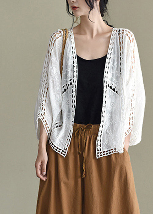 Stylish White Hollow Out Embroideried Loose Cardigans Batwing Sleeve