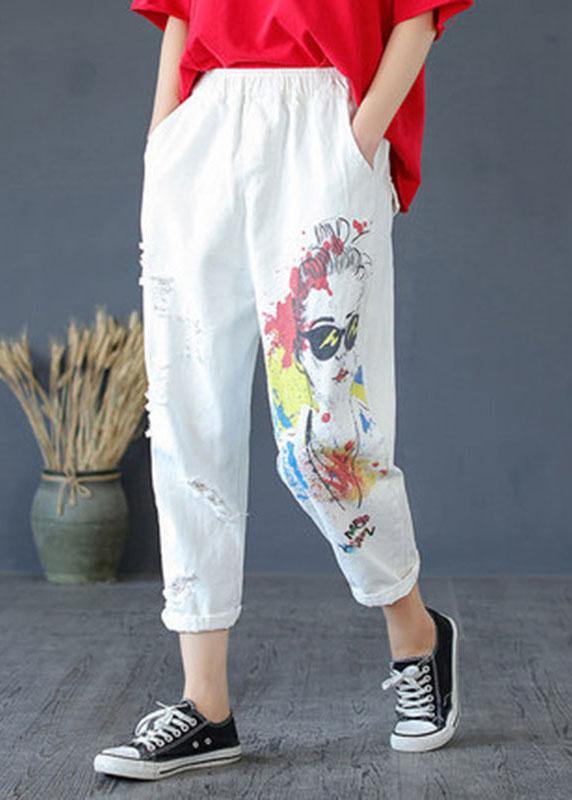 Stylish White Print High Waist Hole Harem Cotton Pants - SooLinen