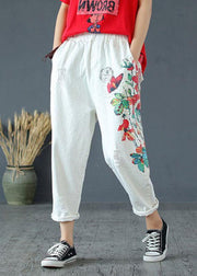 Stylish White Print High Waist Hole Harem Cotton Pants - SooLinen