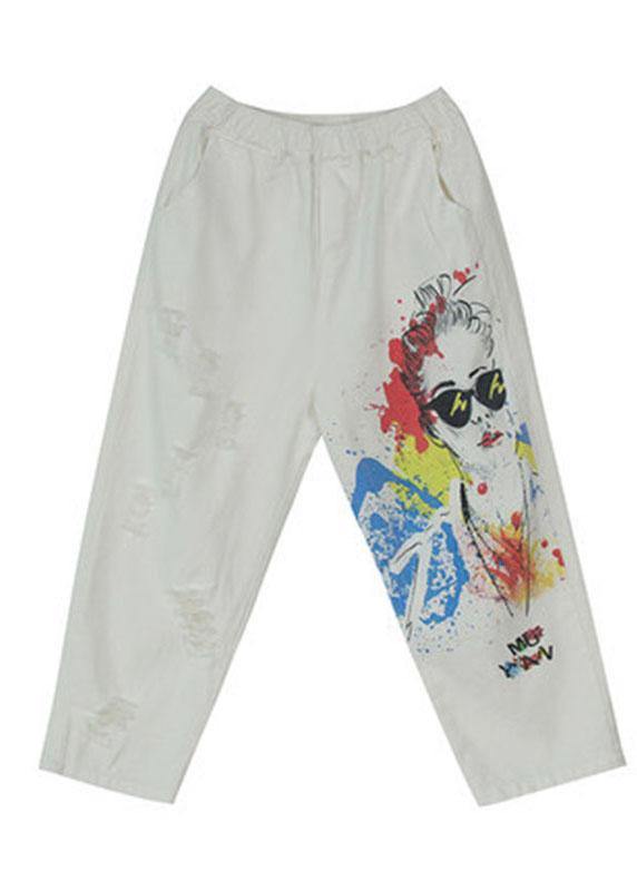 Stylish White Print High Waist Hole Harem Cotton Pants - SooLinen